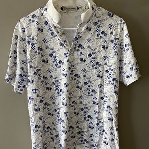 Blue and white patterned polo